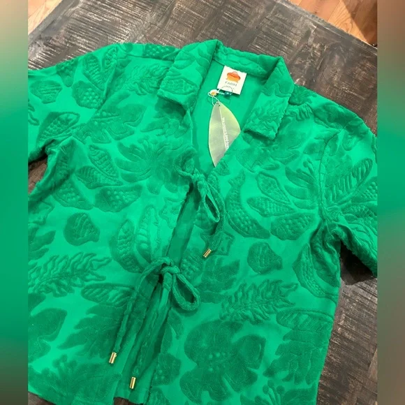 FARM Rio River Nature Terry Tie-Front Top Medium NWT Green Med M Anthropologie - Picture 8 of 13